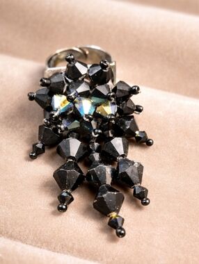 Vintage Black Crystal Statement Ring Large Runway Style Adjustable Artisan Glass